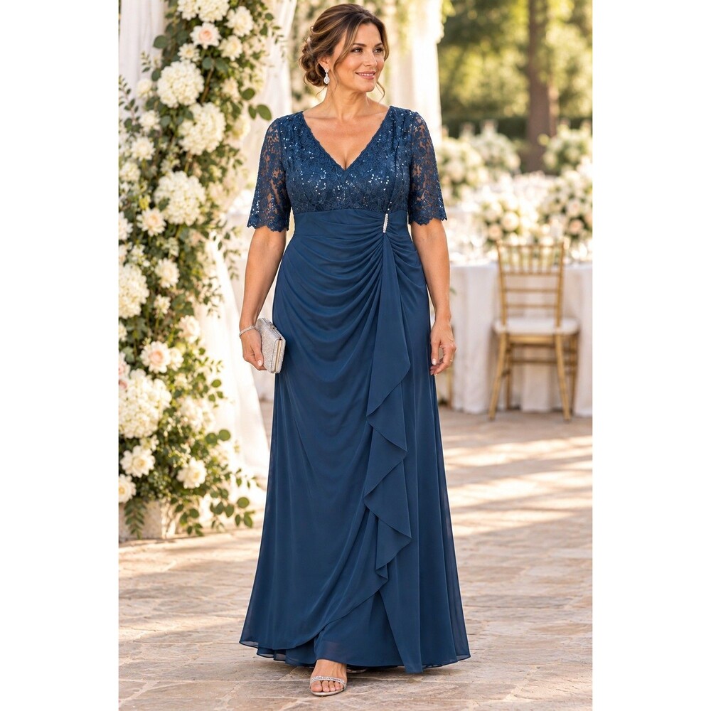 Elegant Mother of the Bride Formal Gown Blue Lace Sequin Ruched Maxi Dress Sz 12